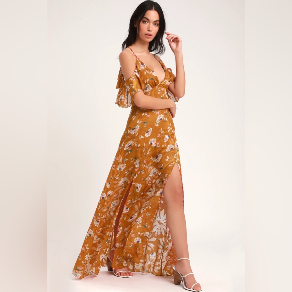 NWT Lulus Abundant Happiness Rust Orange Floral Print Jacquard Maxi Dress